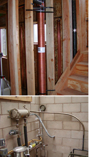 Shower drain heat exchanger, top, and heat exchanger in generator exhaust, bottom